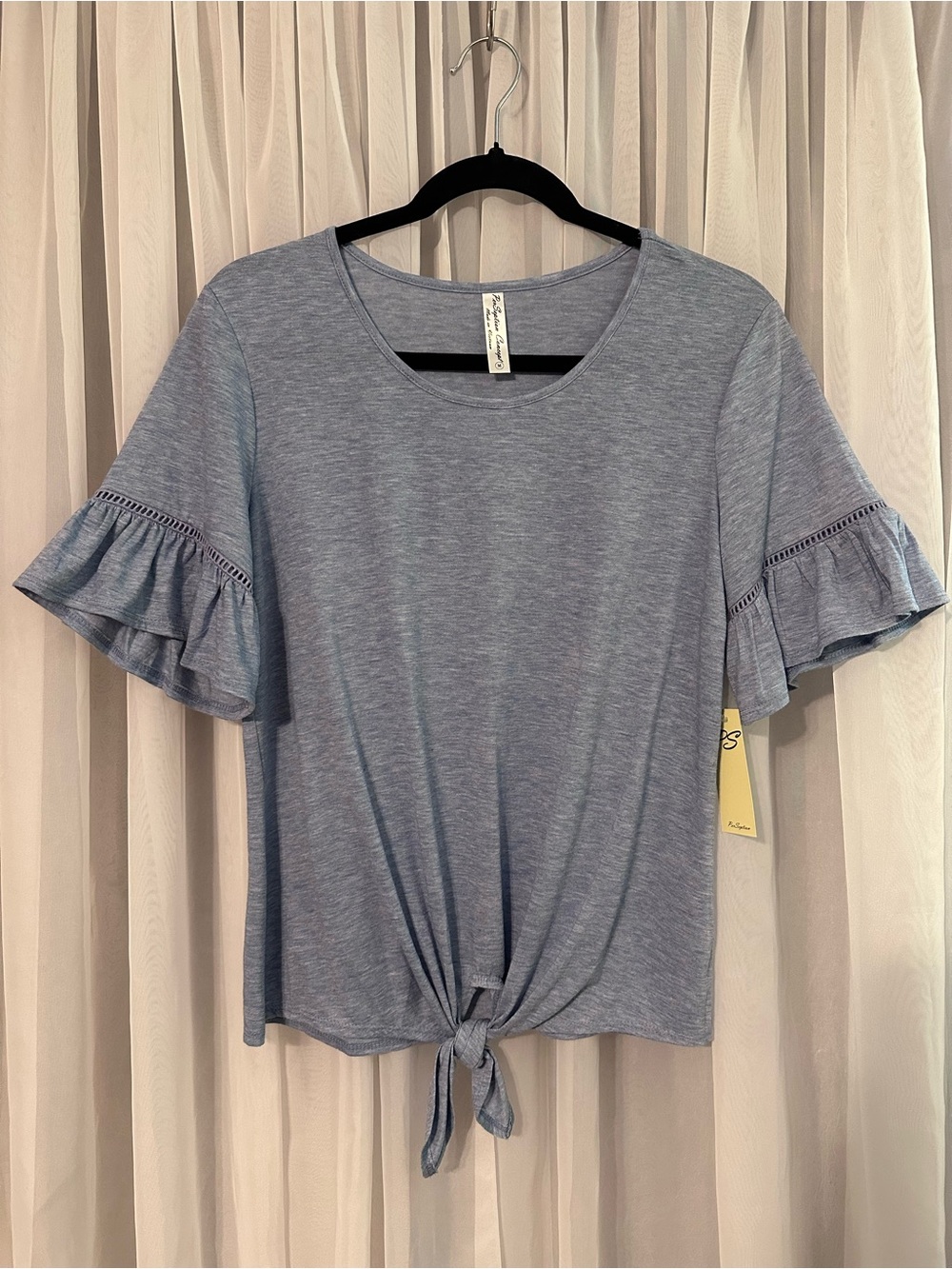 Perseption Concept Soft Light Blue Tie-Front Ruffle Sleeve Top Size M